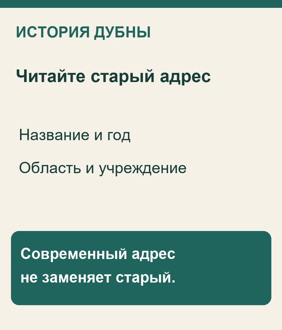 Читайте старый адрес: Название и год, Область и учреждение