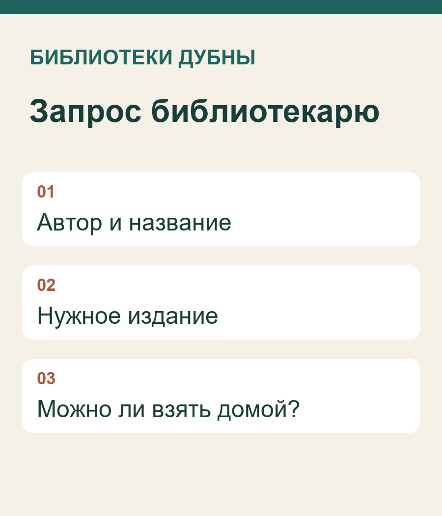 Запрос библиотекарю: Автор и название, Нужное издание, Можно ли взять домой?